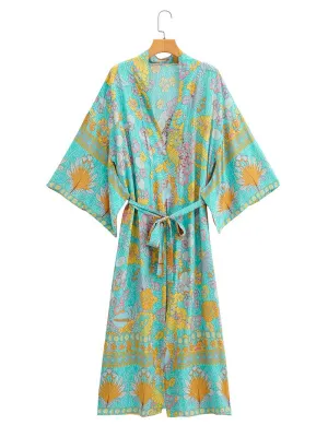 Birthday Party Floral Print Green Color Cotton Long Kimono Robe