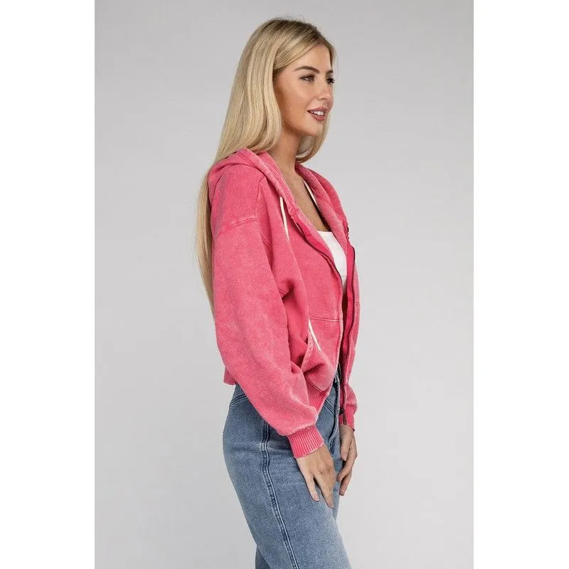 Acid Wash Fleece Cropped Zip-Up Hoodie