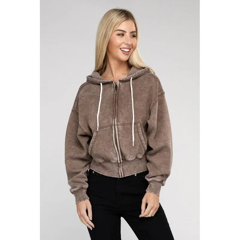 Acid Wash Fleece Cropped Zip-Up Hoodie