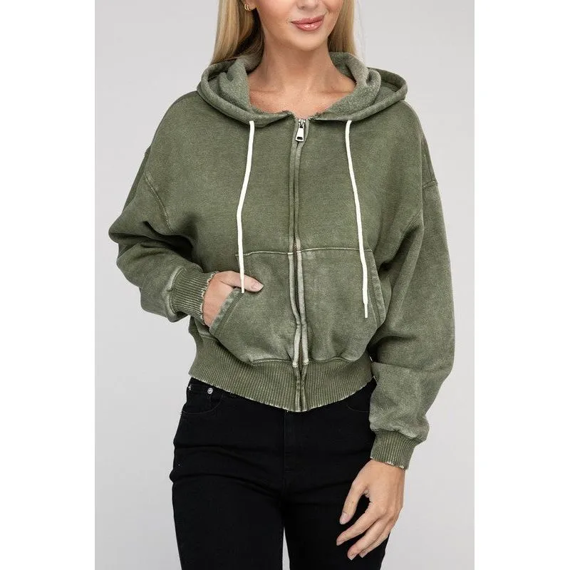 Acid Wash Fleece Cropped Zip-Up Hoodie