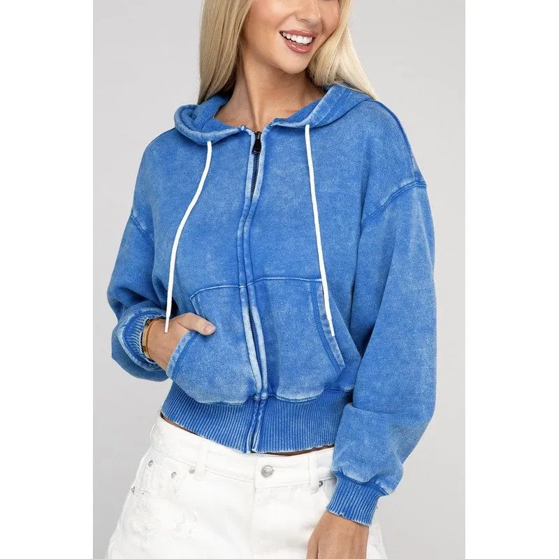 Acid Wash Fleece Cropped Zip-Up Hoodie