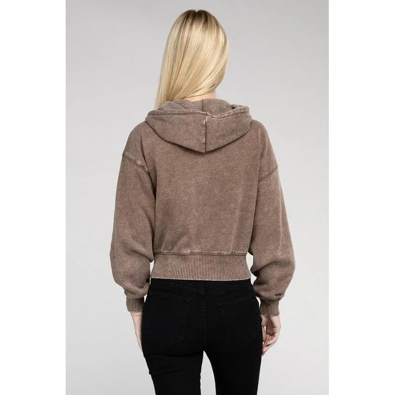 Acid Wash Fleece Cropped Zip-Up Hoodie