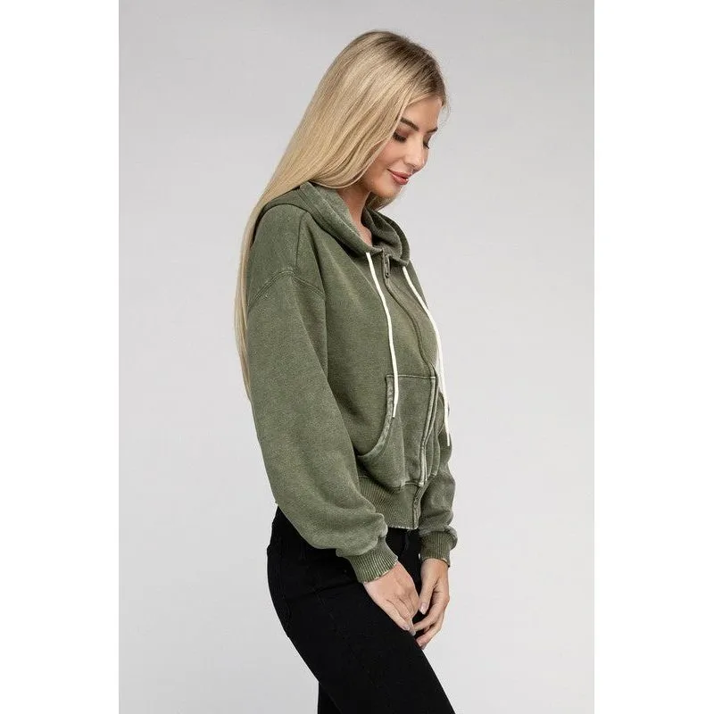 Acid Wash Fleece Cropped Zip-Up Hoodie