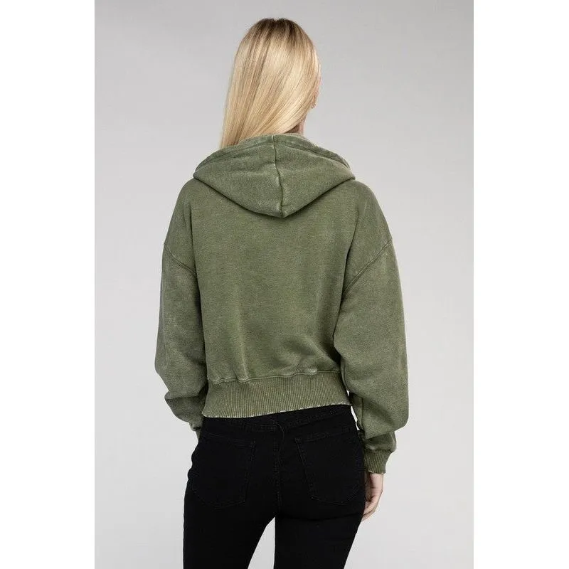 Acid Wash Fleece Cropped Zip-Up Hoodie