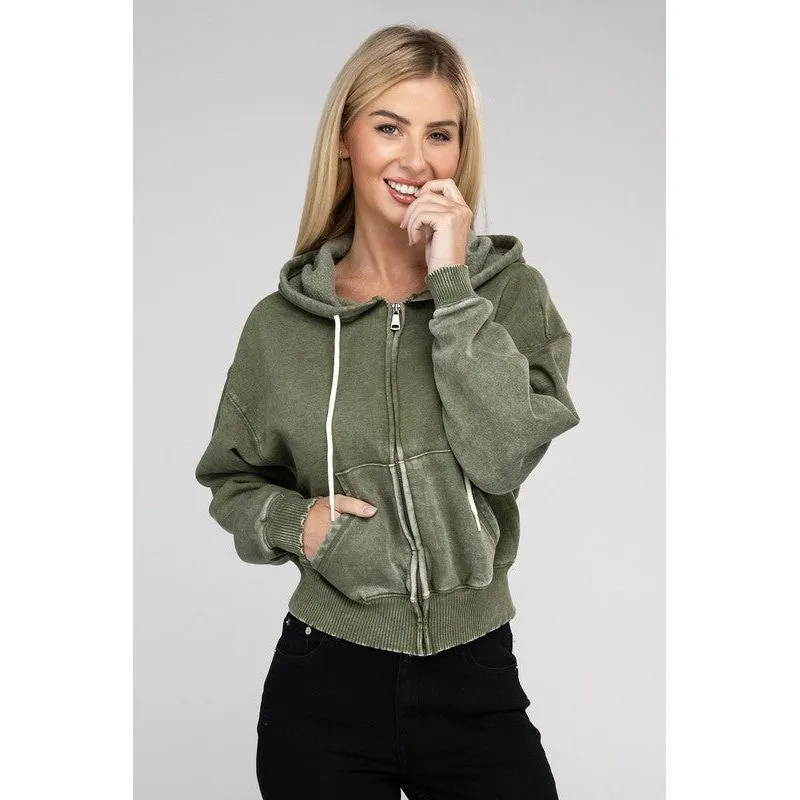 Acid Wash Fleece Cropped Zip-Up Hoodie