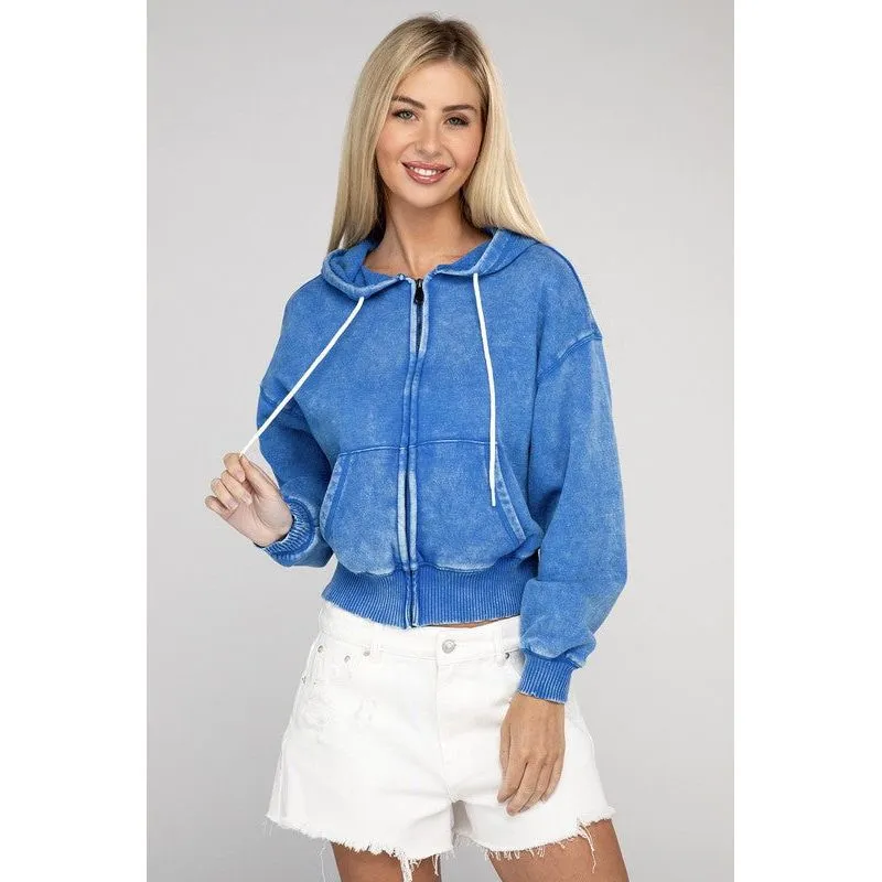 Acid Wash Fleece Cropped Zip-Up Hoodie