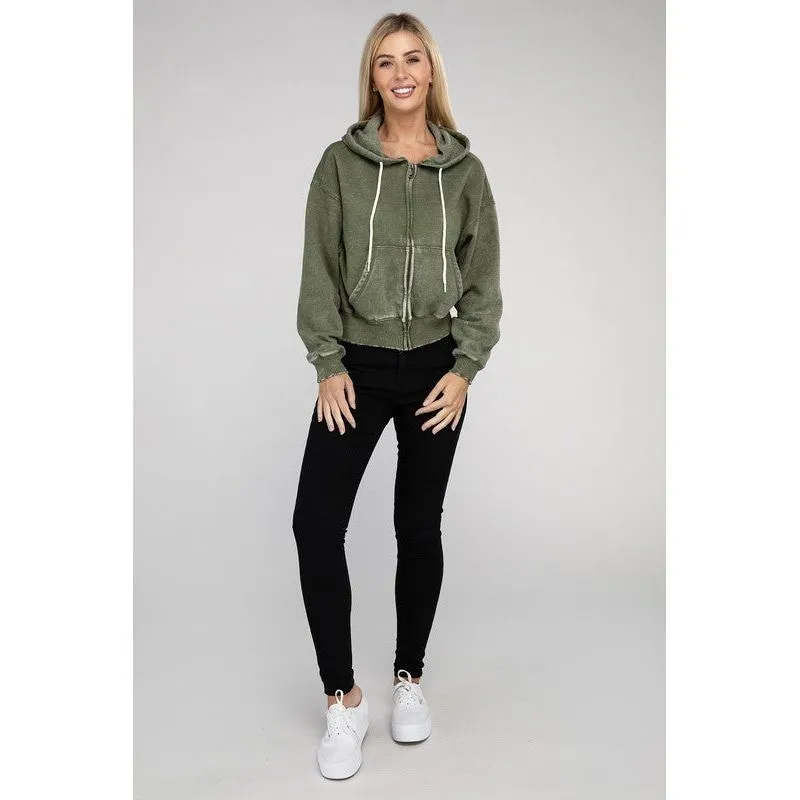 Acid Wash Fleece Cropped Zip-Up Hoodie