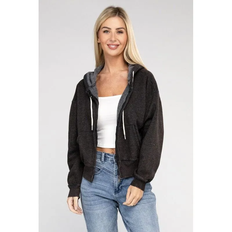 Acid Wash Fleece Cropped Zip-Up Hoodie