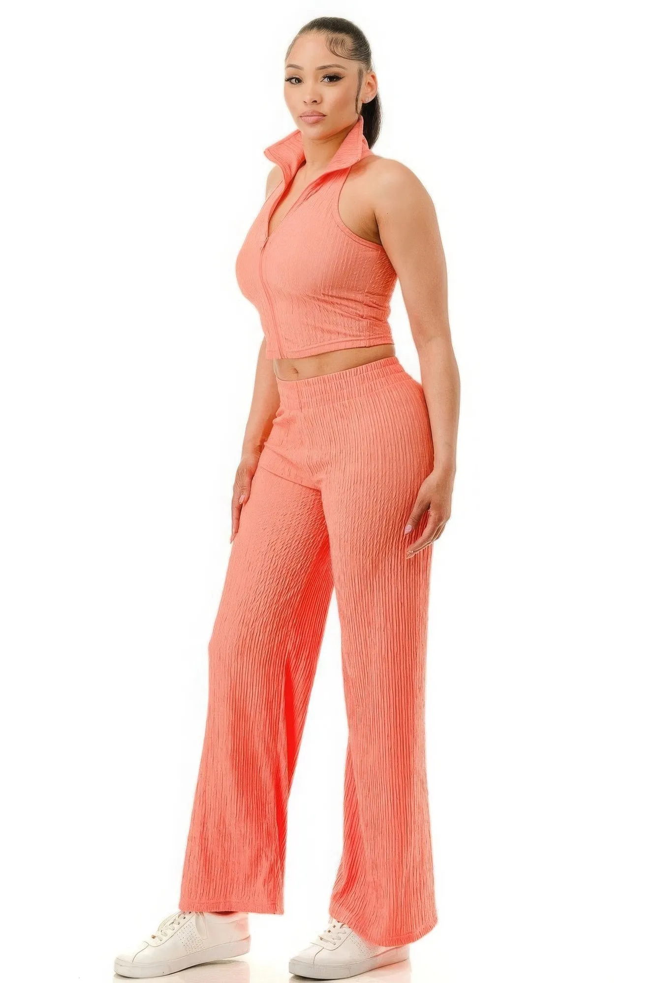 Crinkle Wide Pants Outfit Set with Zipper