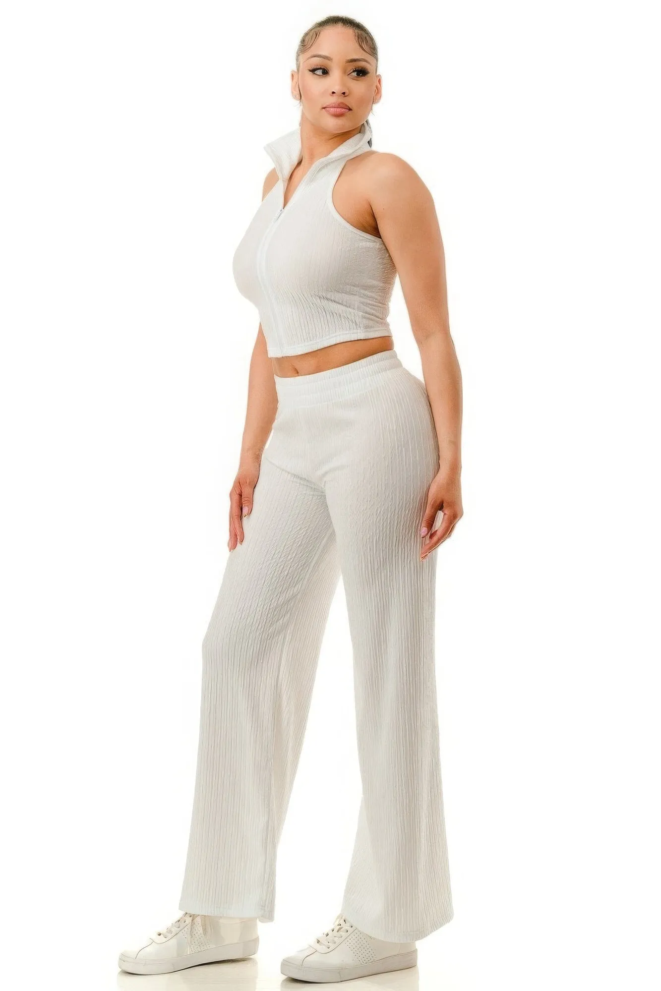 Crinkle Wide Pants Outfit Set with Zipper