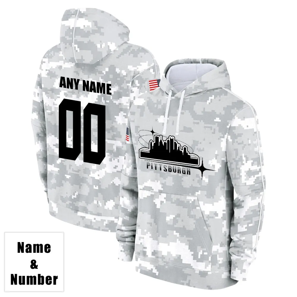 Custom Name & Number Hoodie Pittsburgh Steelers 2024 Salute to Celebrities Club Fleece Pullover Hoodie City Silhouette Hoodie Unisex