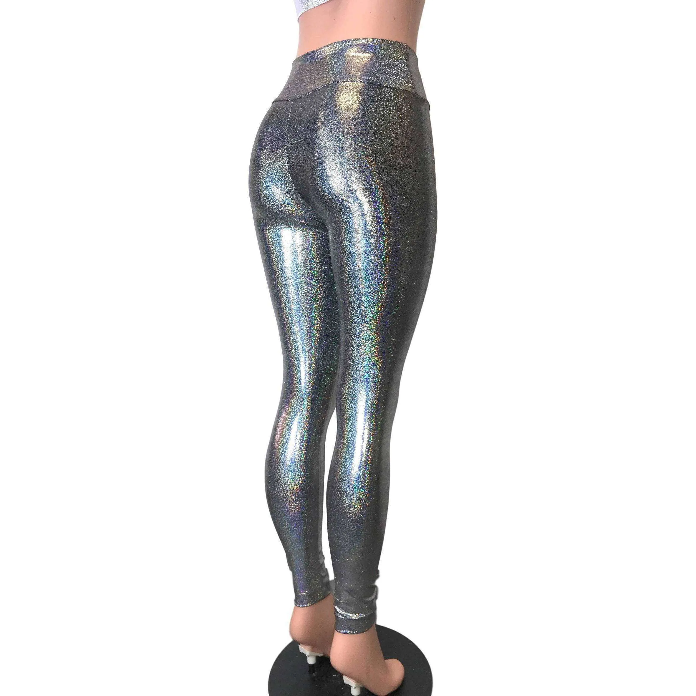 Gleaming Silver on Black High Waist Leggings Pants