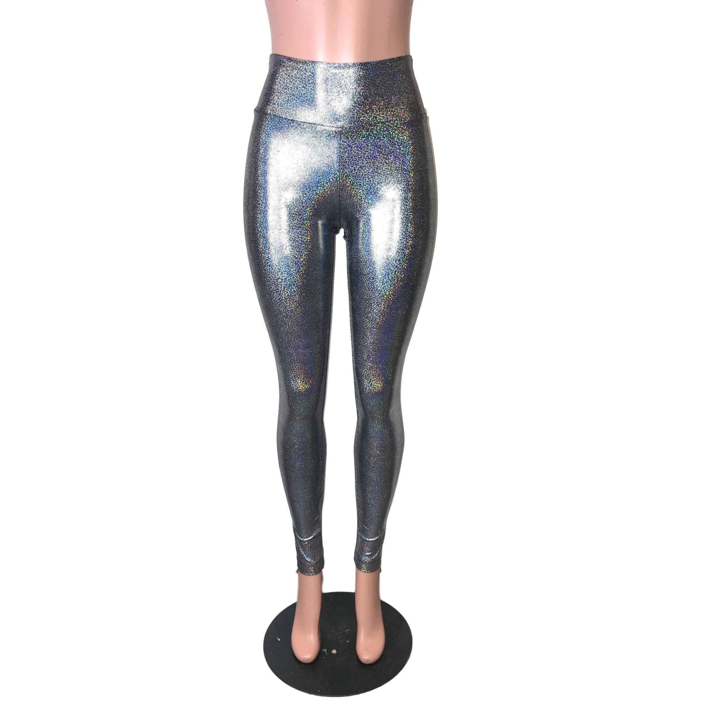 Gleaming Silver on Black High Waist Leggings Pants