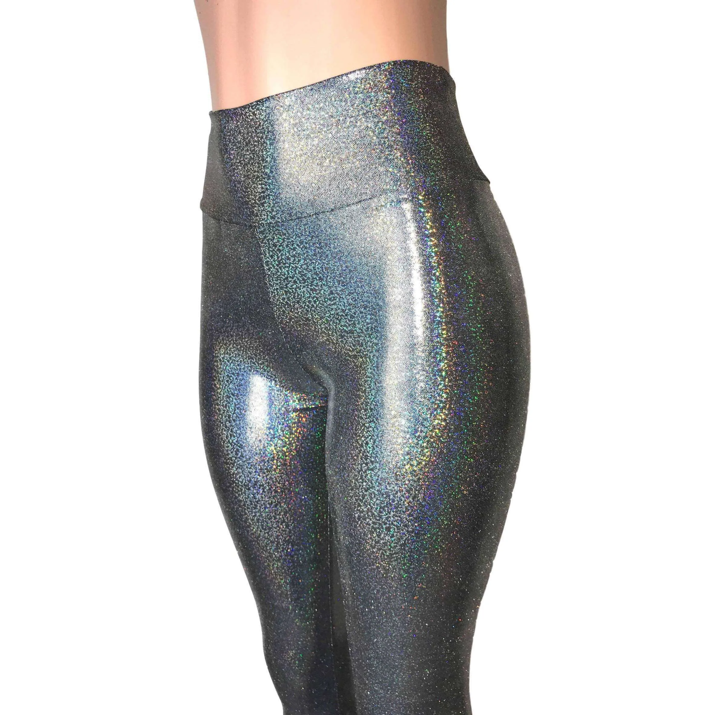 Gleaming Silver on Black High Waist Leggings Pants