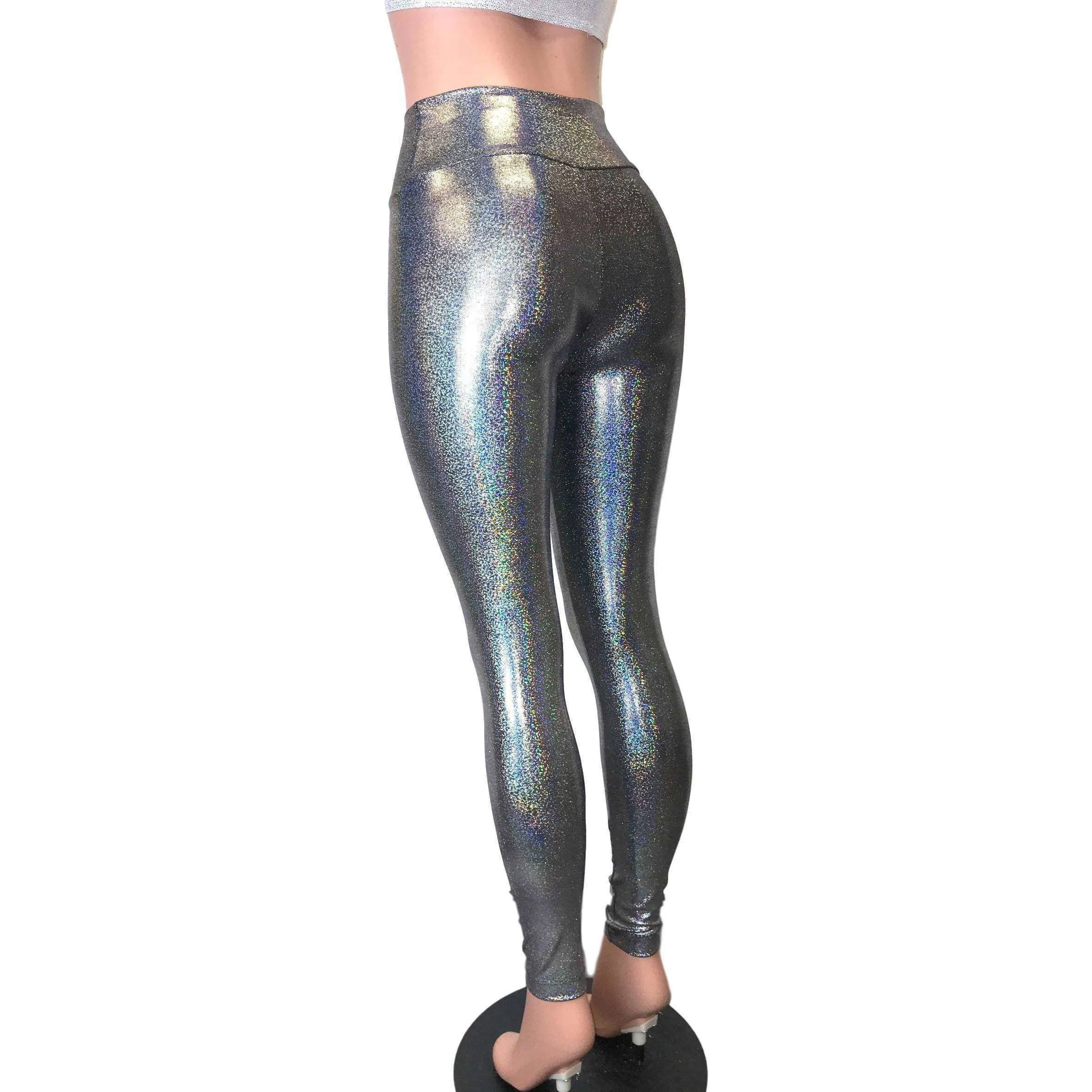 Gleaming Silver on Black High Waist Leggings Pants