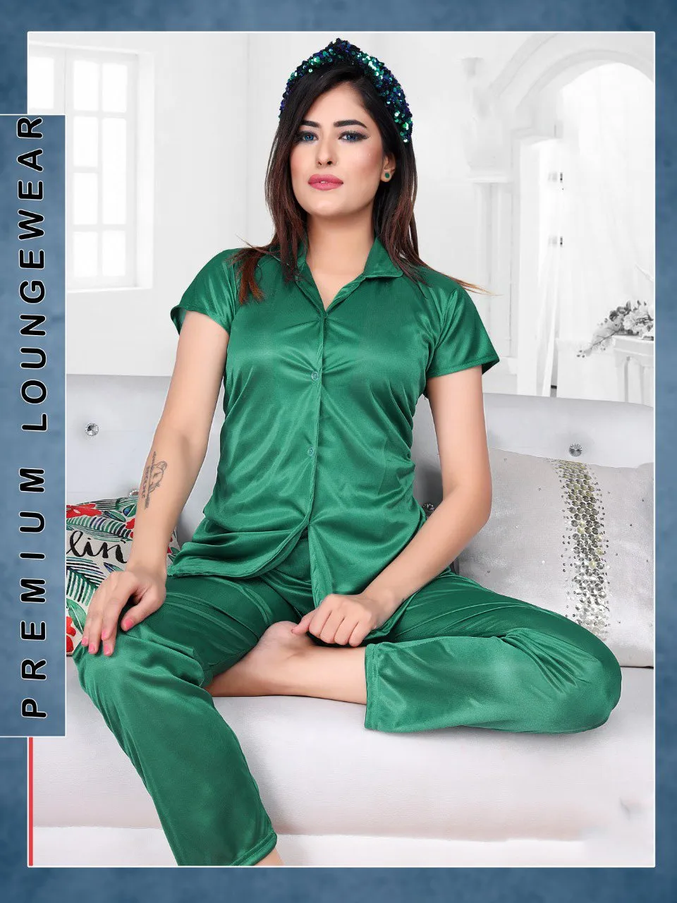 Green Satin Night Suit Wear Set for Ladies