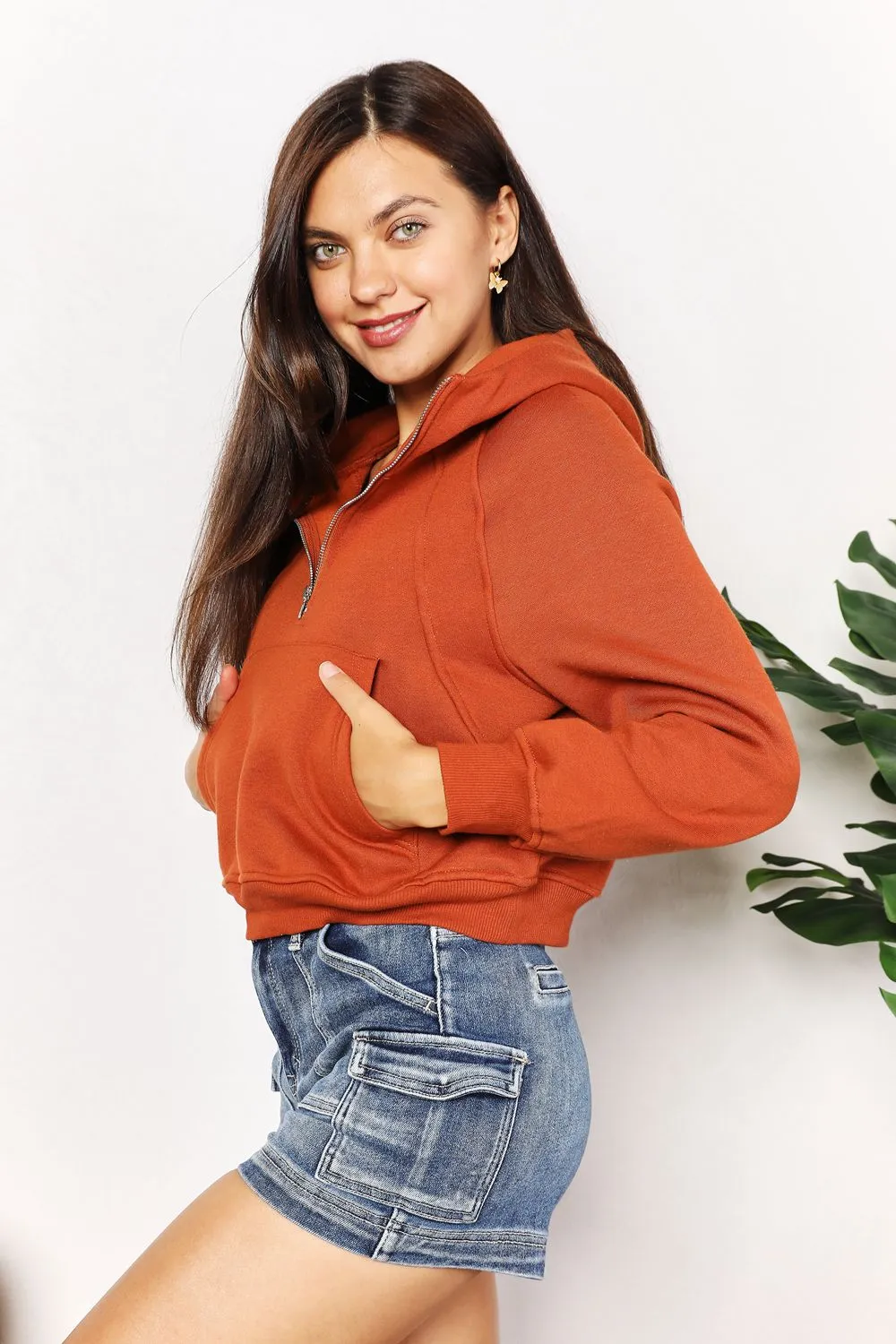 Half-Zip Long Sleeve Hoodie in Ochre