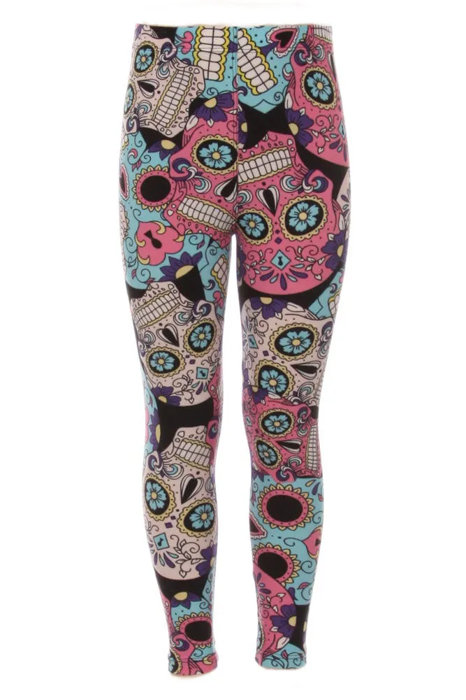 Kid's Flower Eyes Robot Sugar Skulls Print Leggings