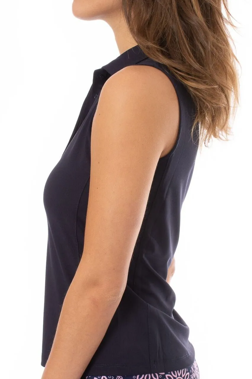 Navy Sleeveless Ruffle Polo