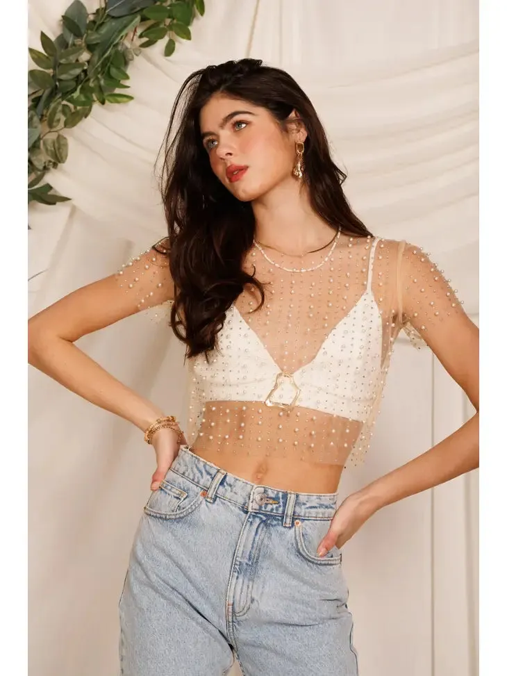 Pearls and Rhinestones Short Sleeve Mesh Crop Top