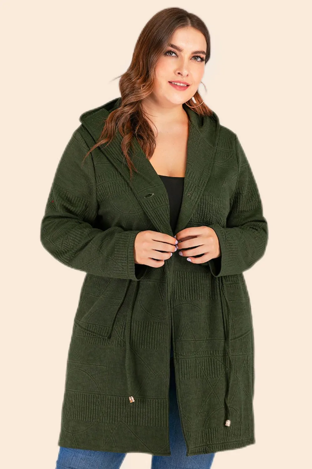 Plus Size Drawstring Waist Hooded Cardigan with Pockets (L÷5XL)