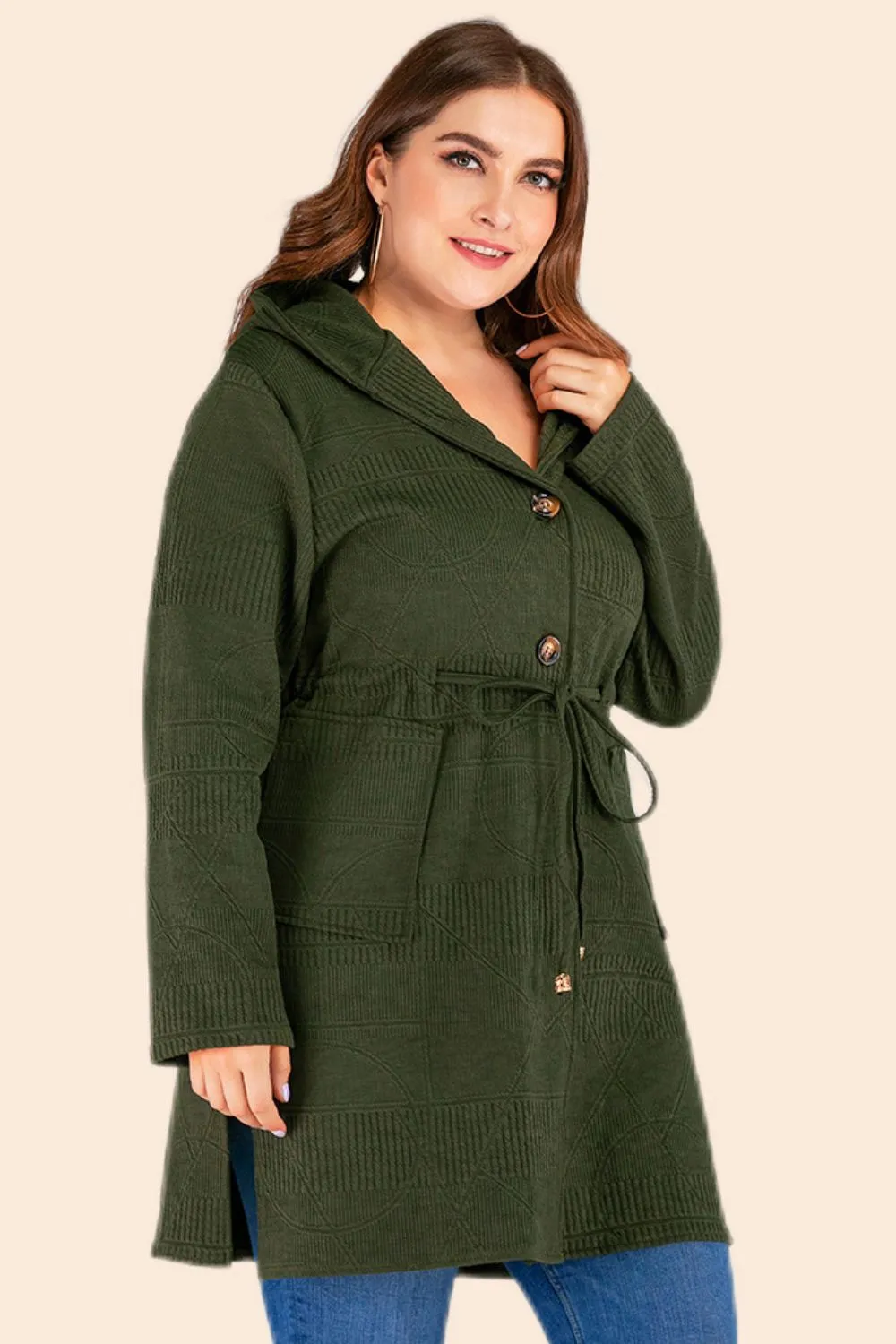 Plus Size Drawstring Waist Hooded Cardigan with Pockets (L÷5XL)