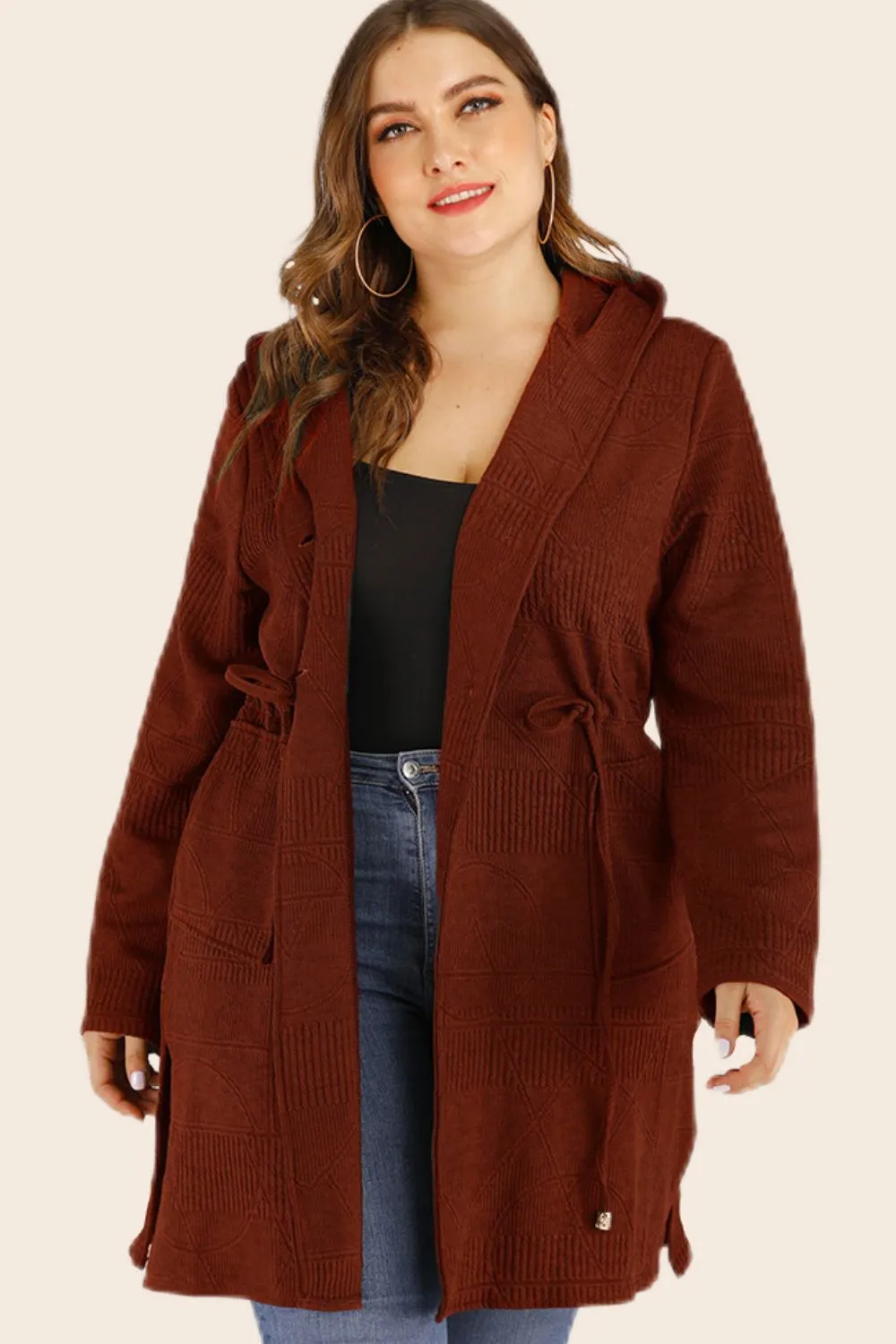 Plus Size Drawstring Waist Hooded Cardigan with Pockets (L÷5XL)