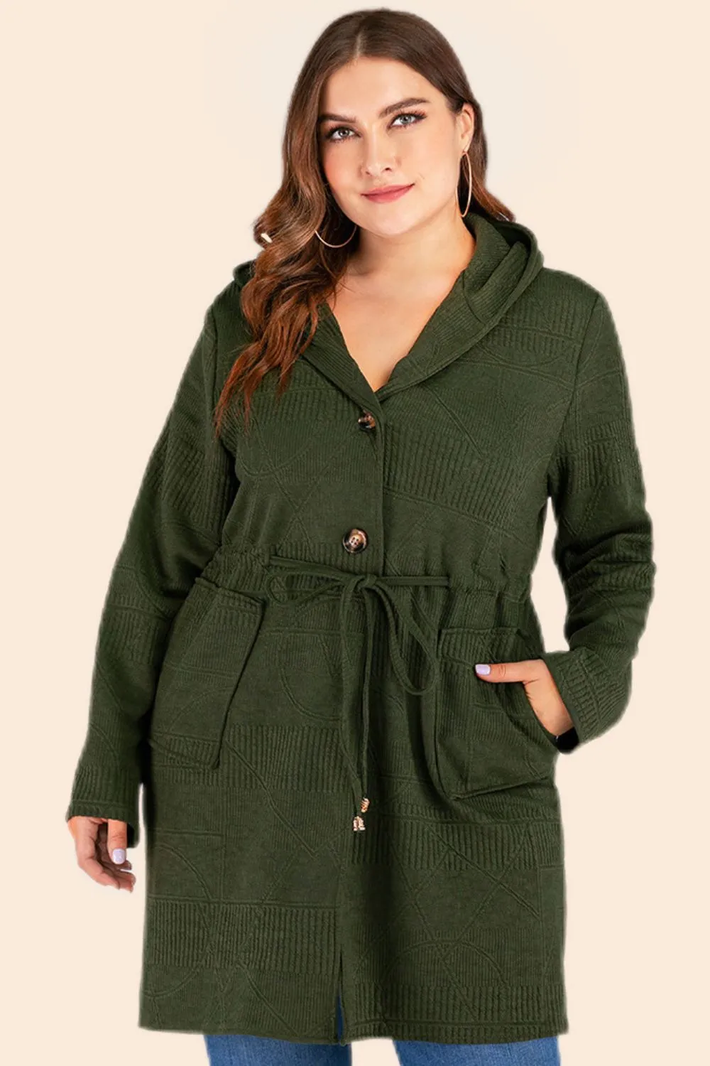 Plus Size Drawstring Waist Hooded Cardigan with Pockets (L÷5XL)