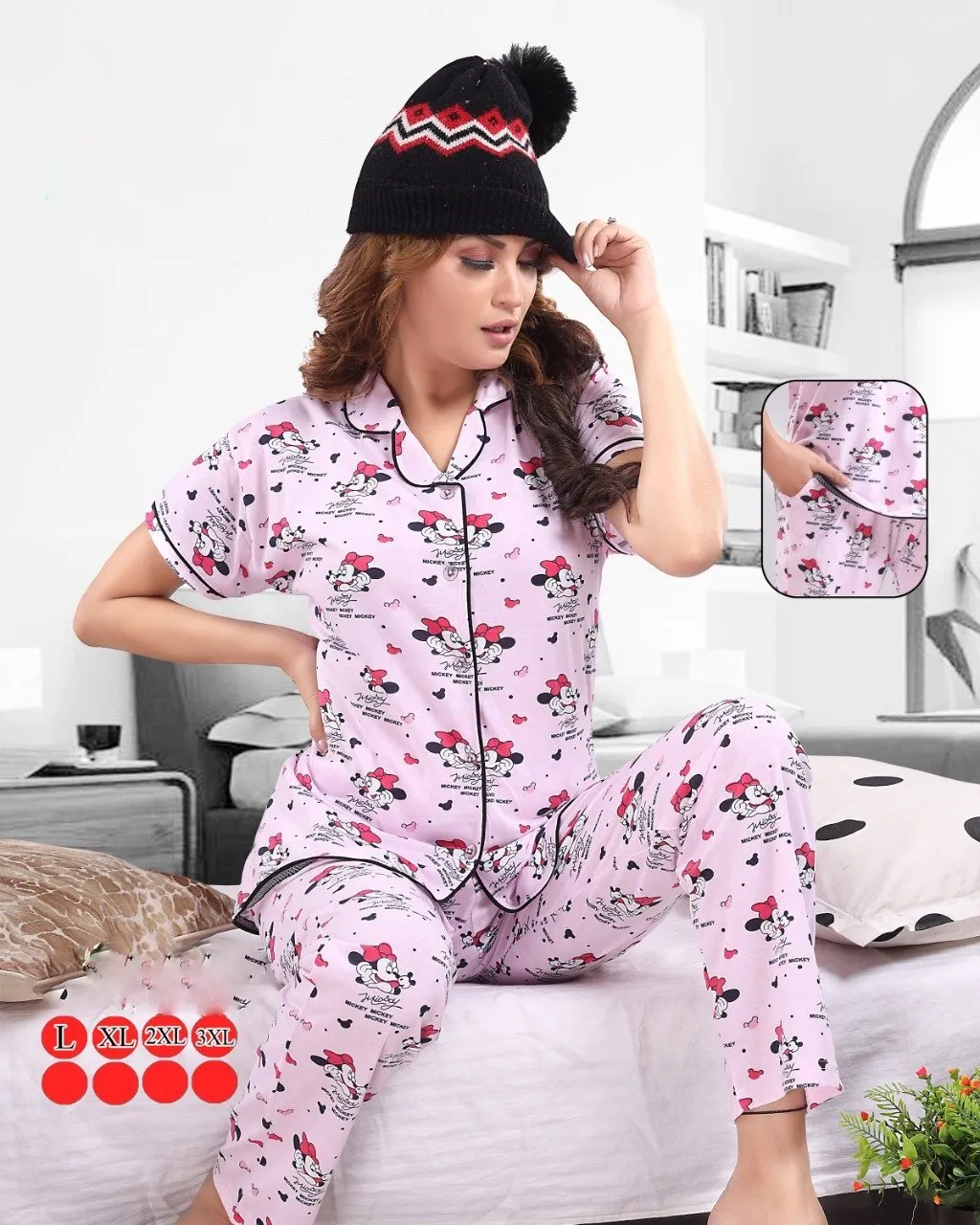 Printed Cotton Pink Women Night Suit Set with Pockets