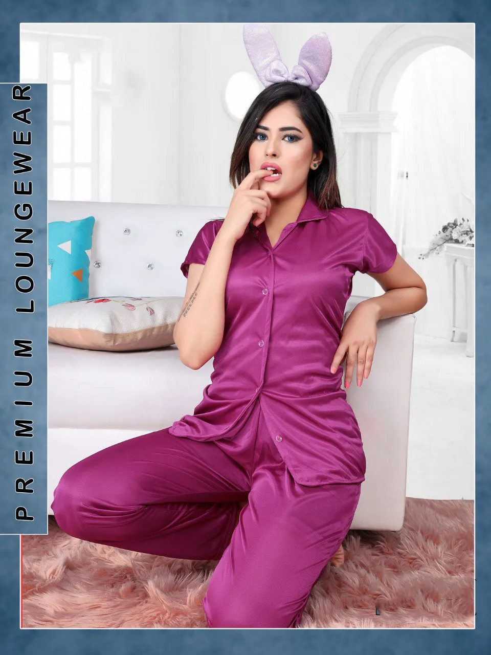 Purple Satin Night Suit Wear Set for Women