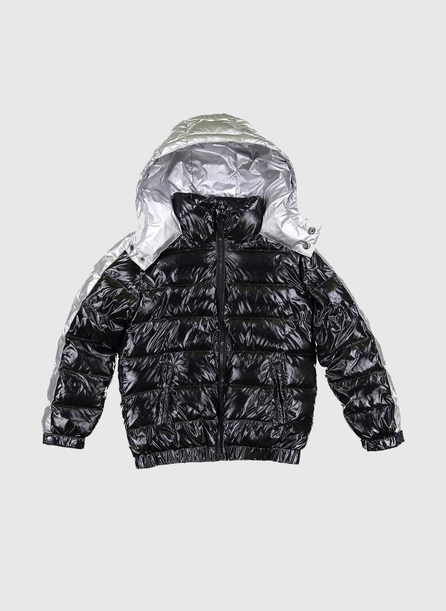 Vierra Rose Drew Contrast Sleeve Puffer in Black/Silver *Hello Alyss Exclusives*