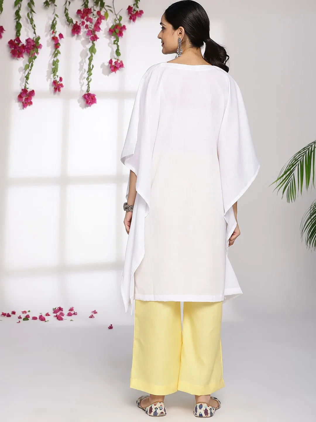 White CottonSlub Long Kaftan & Yellow Palazzo