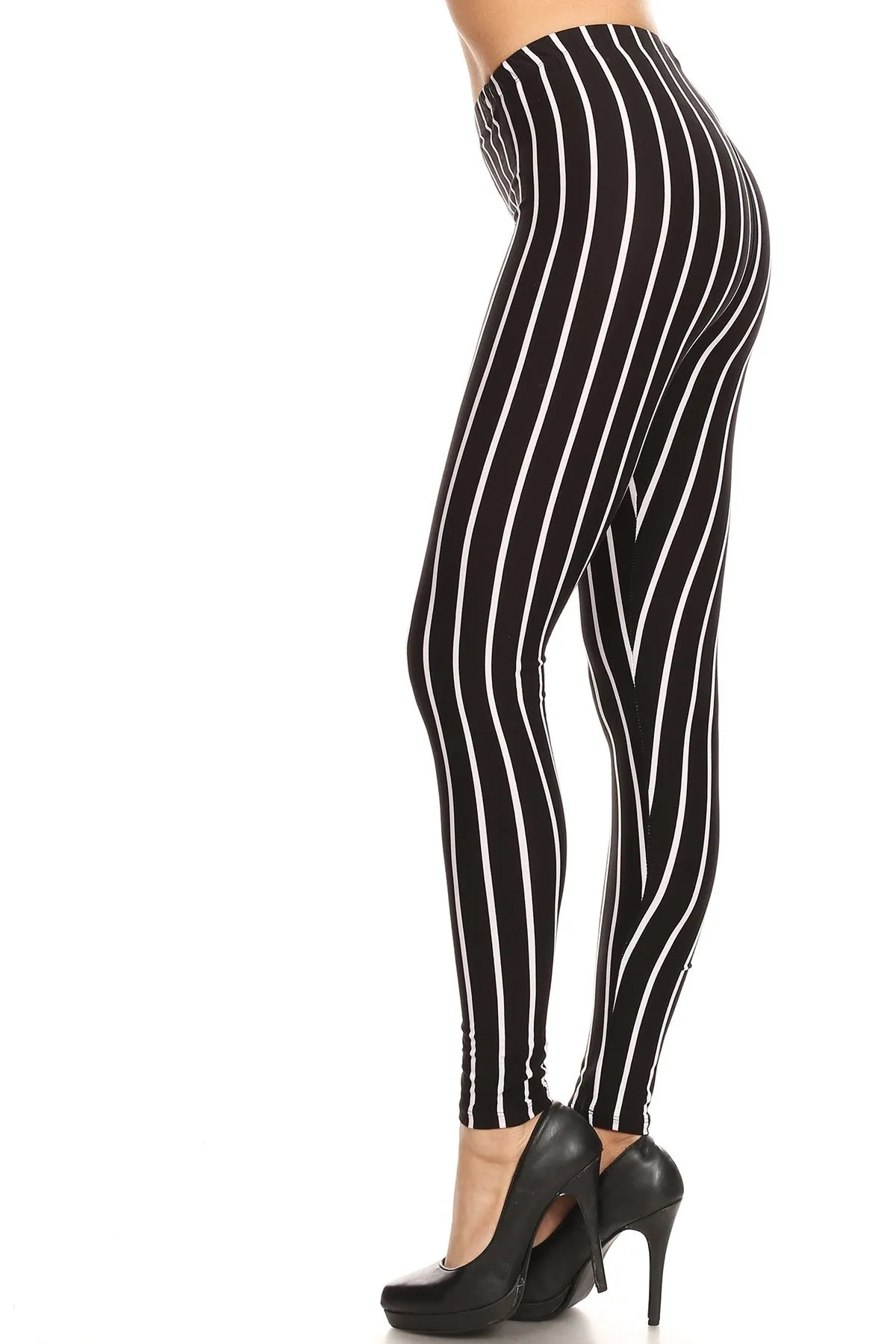 Women's 3X 5X B&W Vertical Thick Striped Pattern Print Leggings