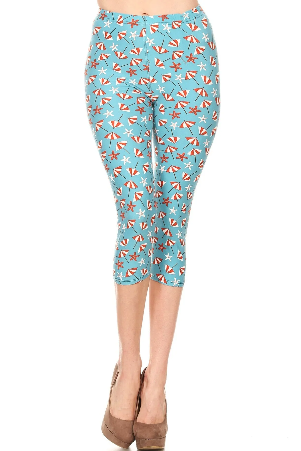 Women's Plus colorful Beach Umbrella Starfish Printed Cropped Capri Leggings