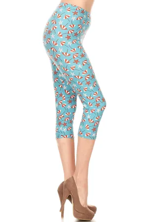 Women's Plus colorful Beach Umbrella Starfish Printed Cropped Capri Leggings