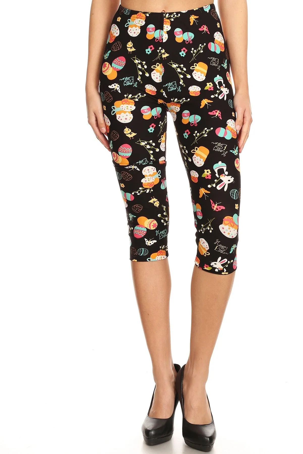 Women's Plus Easter Egg Rabbits Butterfly Printed Cropped Capri Leggings