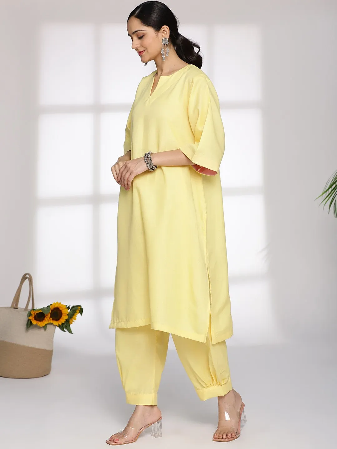 Yellow CottonSlub LongKurta & AfghaniSalwar